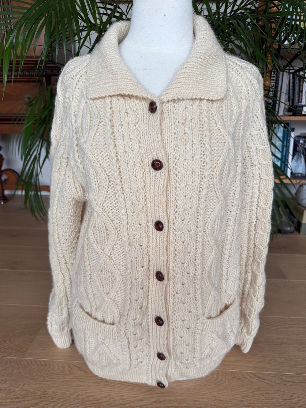 Aran Pure wool Cream Cable Knit Button-Up Cardigan sweater, handknit